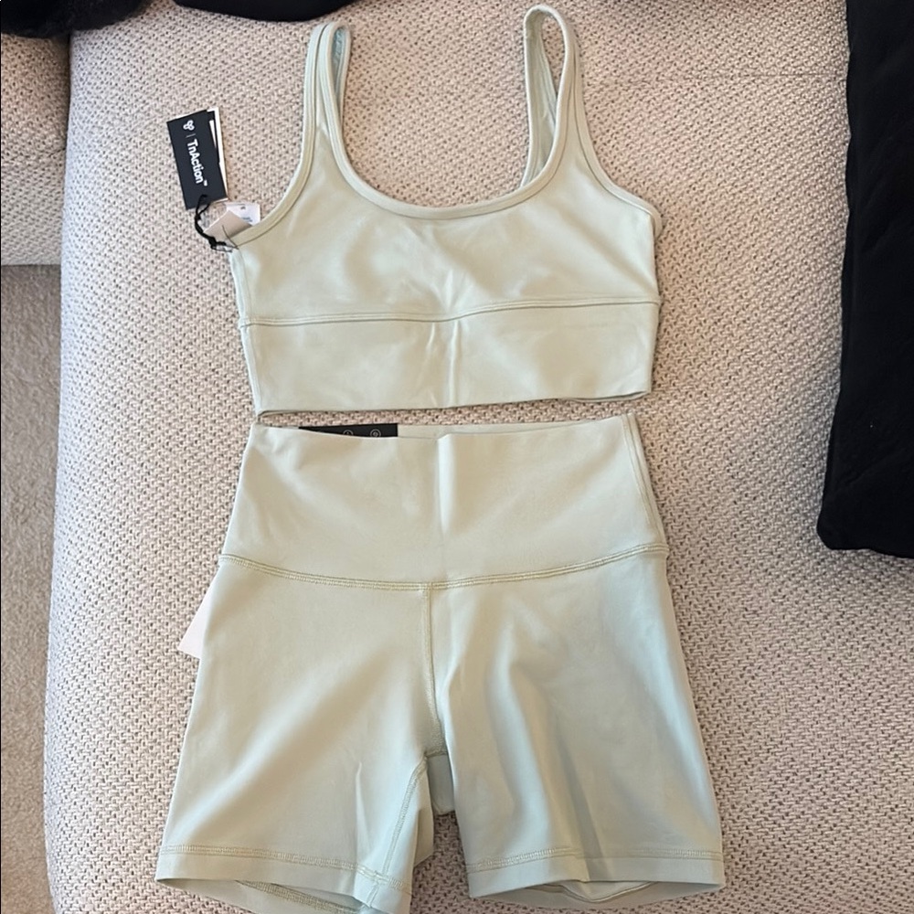 Aritzia Light Sage Green Active Bra Top & High-Waist Bike Shorts Set